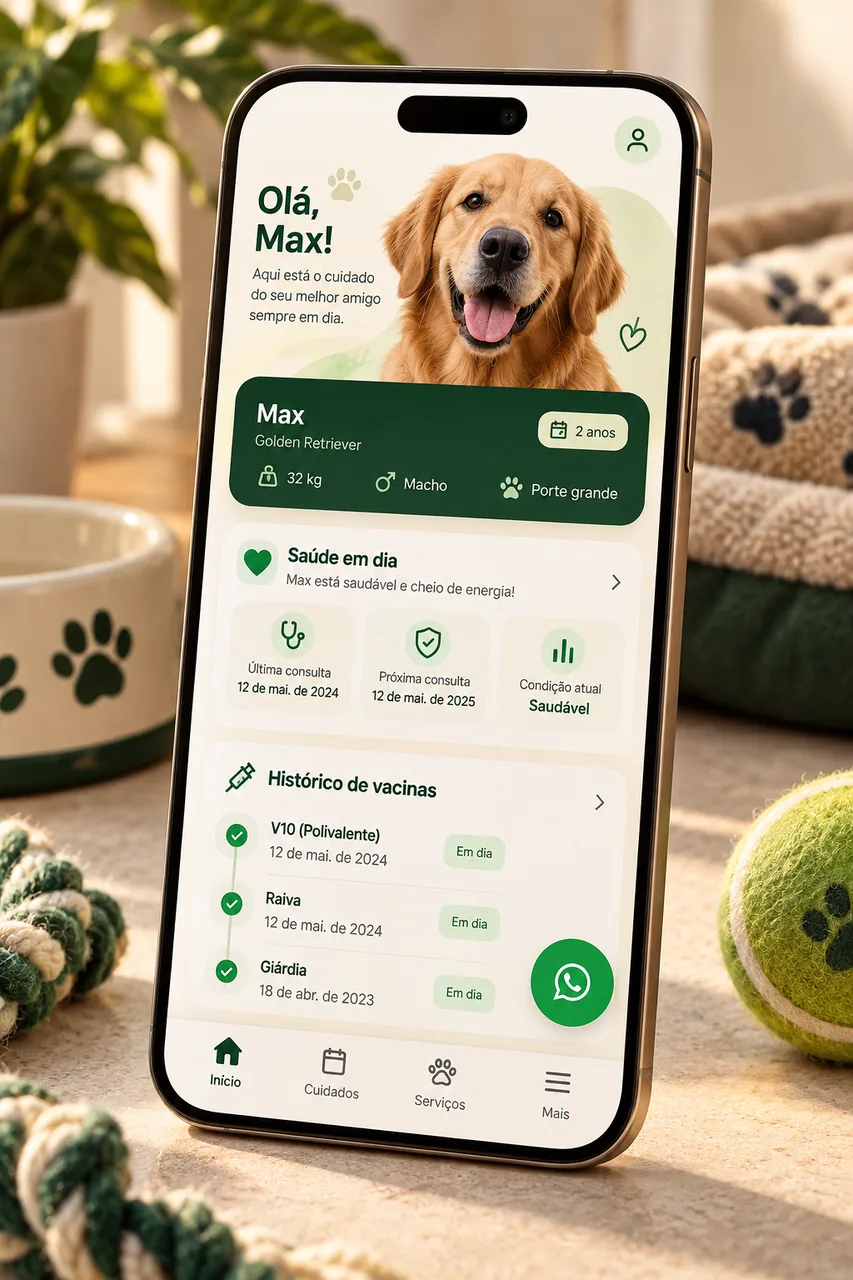 Mockup de um smartphone realista exibindo a interface interna do aplicativo PWA do Tempo com Eles, mostrando a ficha de saúde, histórico de vacinas e o botão de contato direto com o tutor.