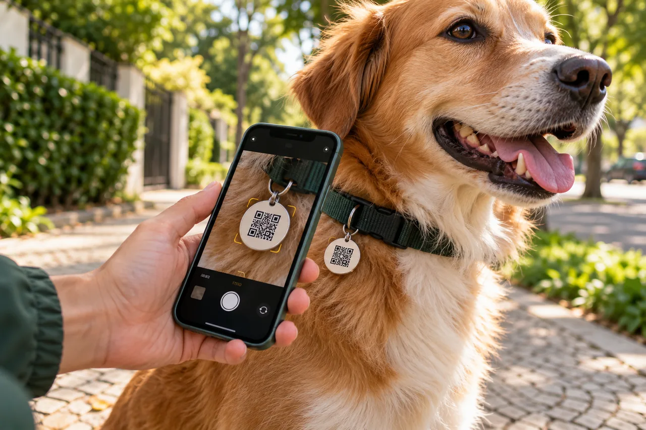 Mão de uma pessoa segurando um smartphone moderno na rua e aproximando o celular (via NFC) ou escaneando o QR Code do pingente na coleira do pet para identificar o animal.