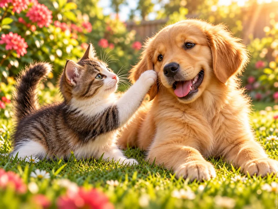 Gato e cachorro brincando juntos